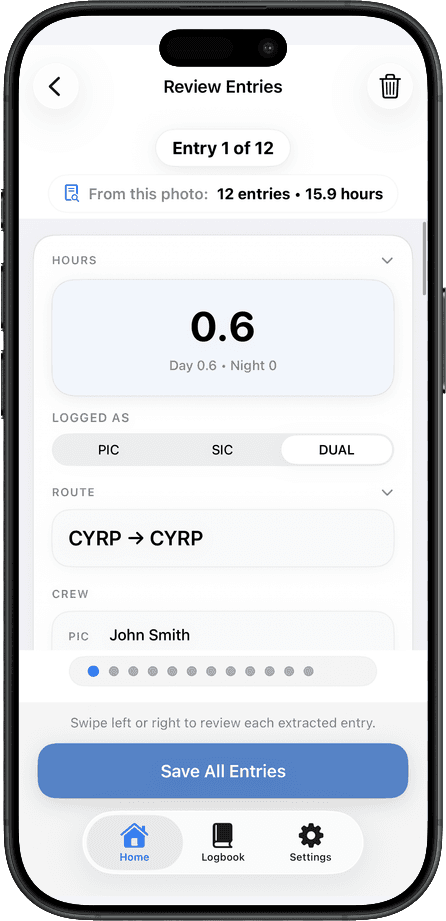 TopLog iOS review screen for checking extracted logbook entries before saving