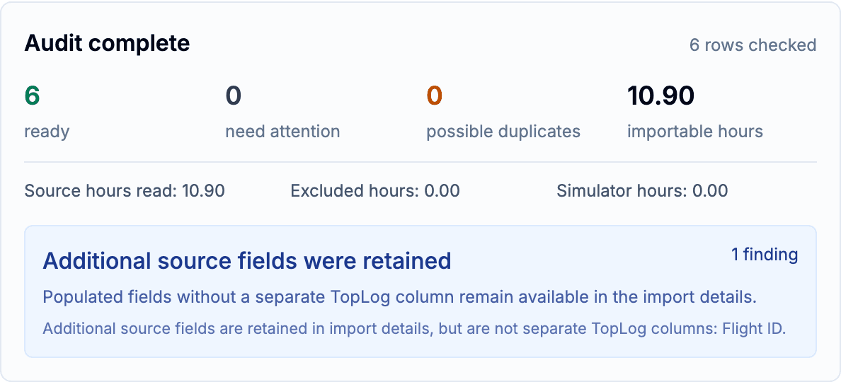 TopLog import audit showing checked rows, importable flight hours, and retained source fields before saving