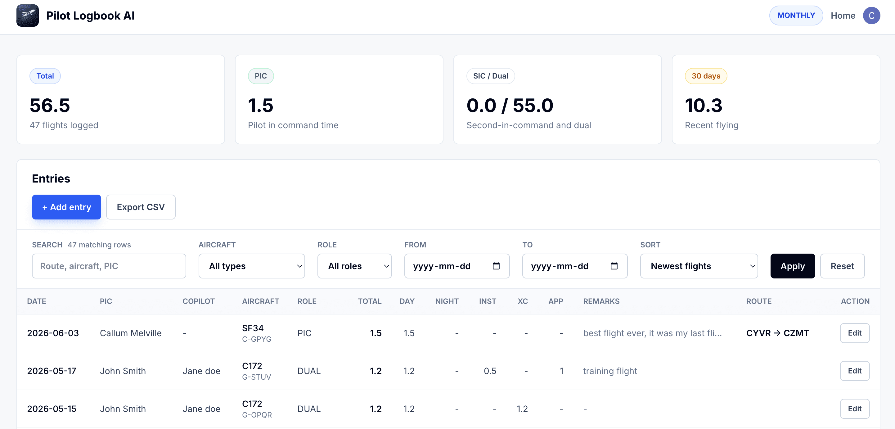 TopLog web logbook showing totals, filters, entries, and Export CSV