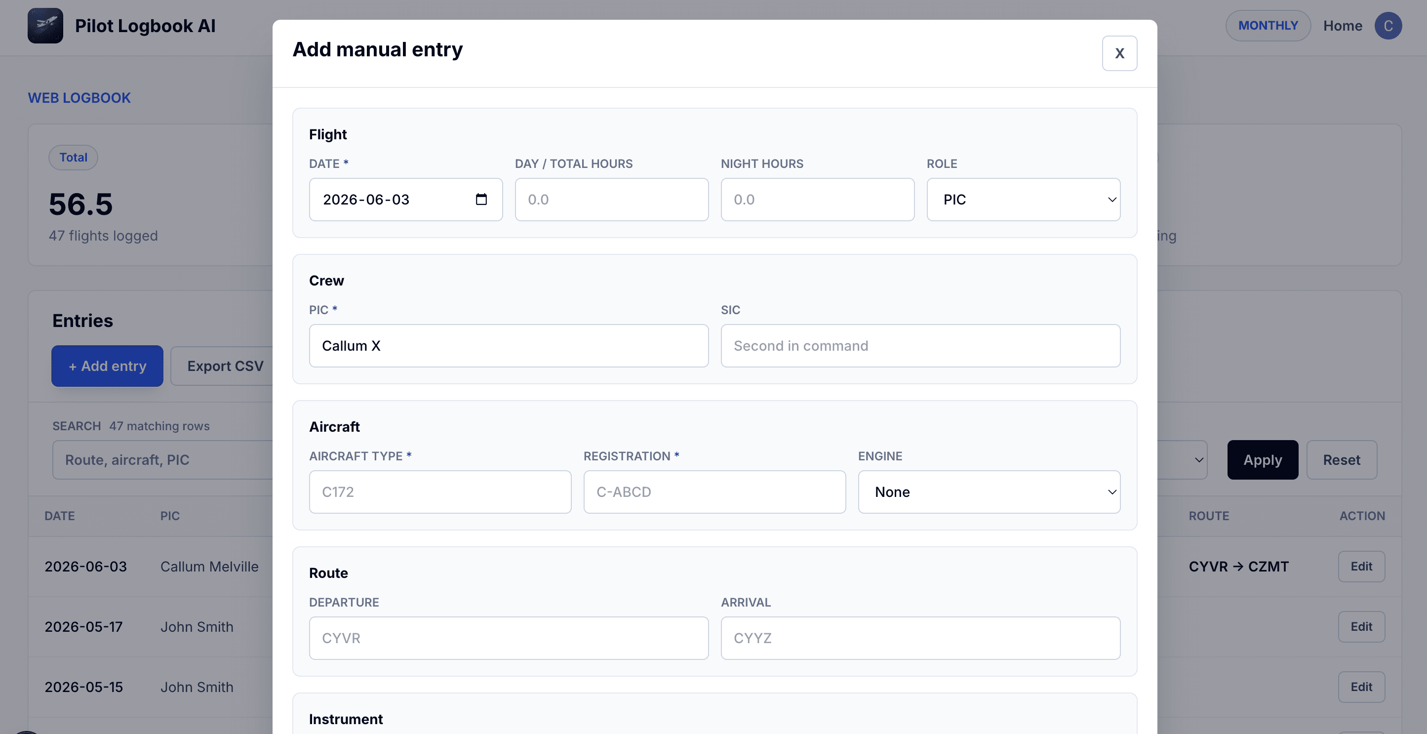 TopLog web app manual entry modal with structured flight, crew, aircraft, and route fields